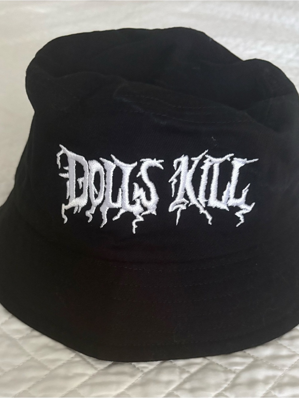 Dolls Kill Black Bucket Hat with White Logo Embroidery